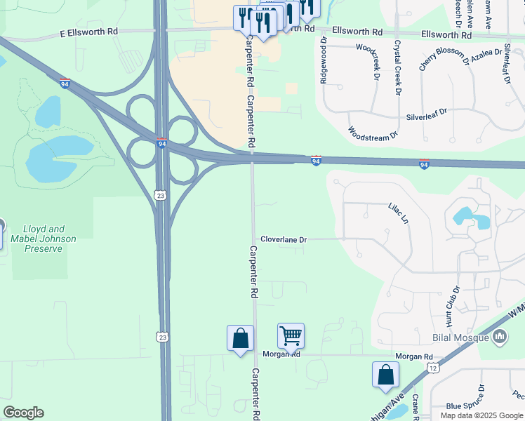 map of restaurants, bars, coffee shops, grocery stores, and more near 4545 Carpenter Road in Ypsilanti