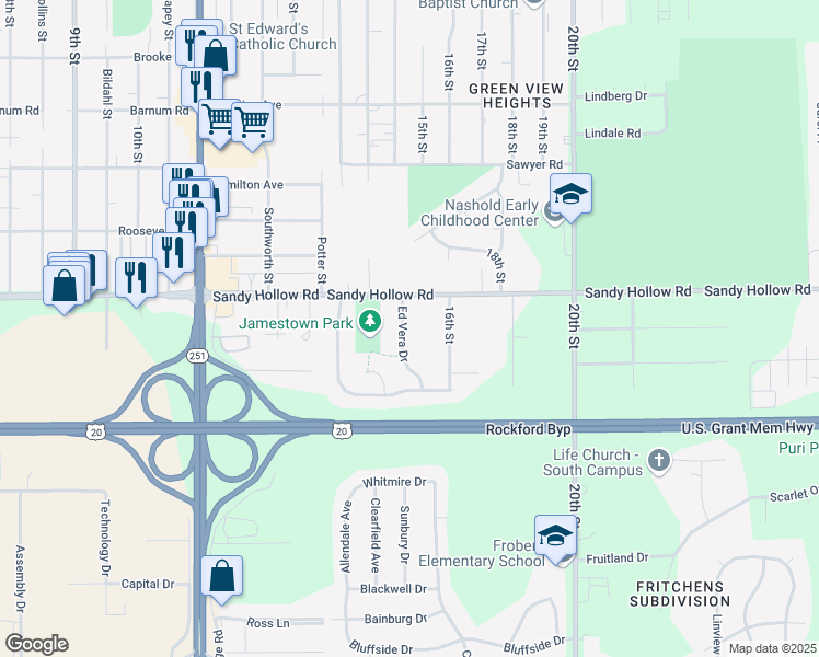 map of restaurants, bars, coffee shops, grocery stores, and more near 3418 Ed Vera Drive in Rockford