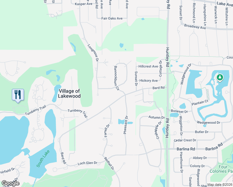 map of restaurants, bars, coffee shops, grocery stores, and more near 7355 Bannockburn Circle in Village of Lakewood