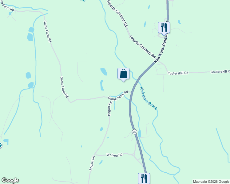 map of restaurants, bars, coffee shops, grocery stores, and more near 20 Game Farm Road in Catskill