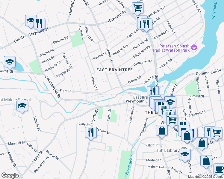 map of restaurants, bars, coffee shops, grocery stores, and more near Allen St & Sheppard Ave in Braintree