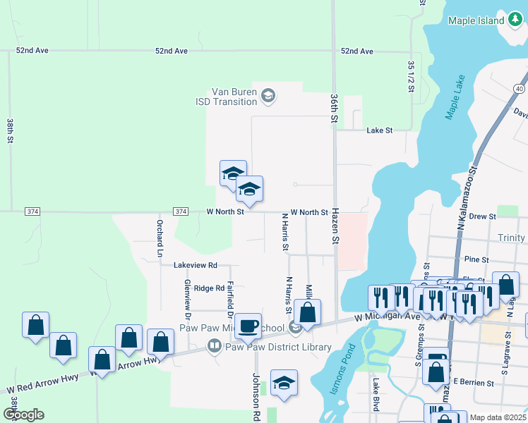 map of restaurants, bars, coffee shops, grocery stores, and more near 512 West North Street in Paw Paw
