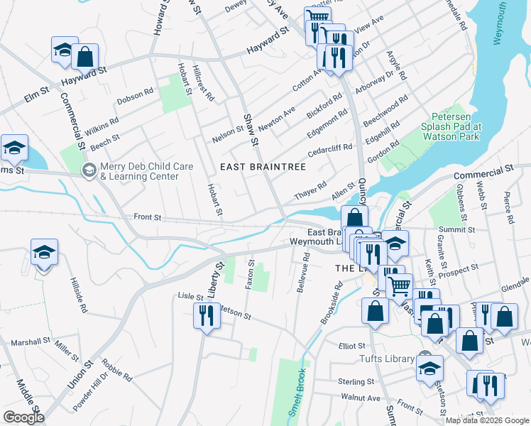 map of restaurants, bars, coffee shops, grocery stores, and more near 160 Allen Street in Braintree