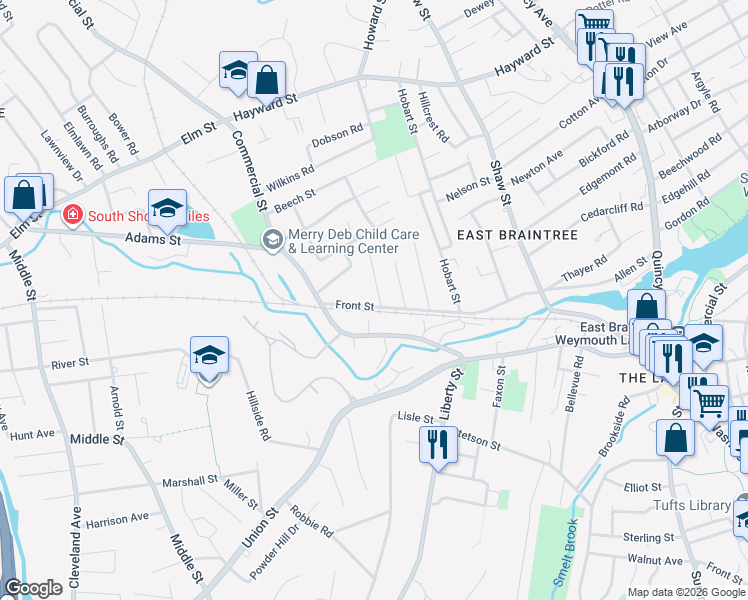 map of restaurants, bars, coffee shops, grocery stores, and more near 315 Commercial Street in Braintree