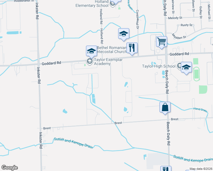 map of restaurants, bars, coffee shops, grocery stores, and more near 11399 Parkside Drive in Taylor