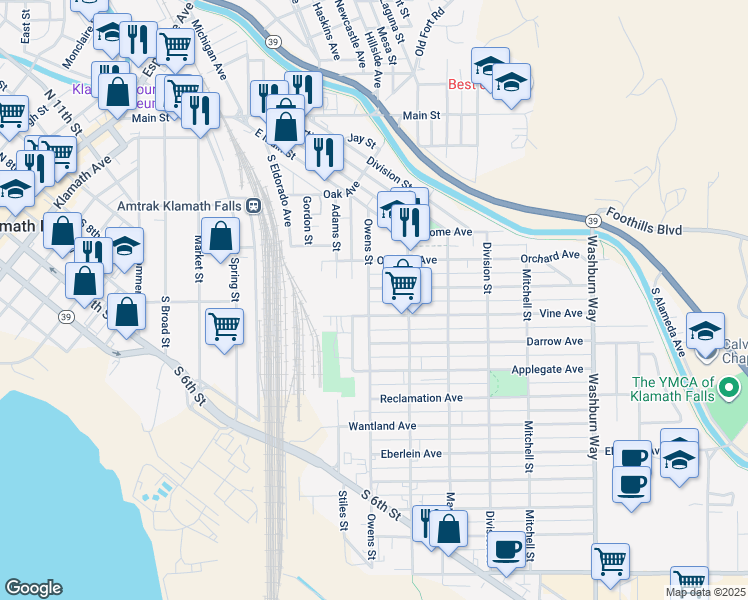map of restaurants, bars, coffee shops, grocery stores, and more near 715 Owens Street in Klamath Falls