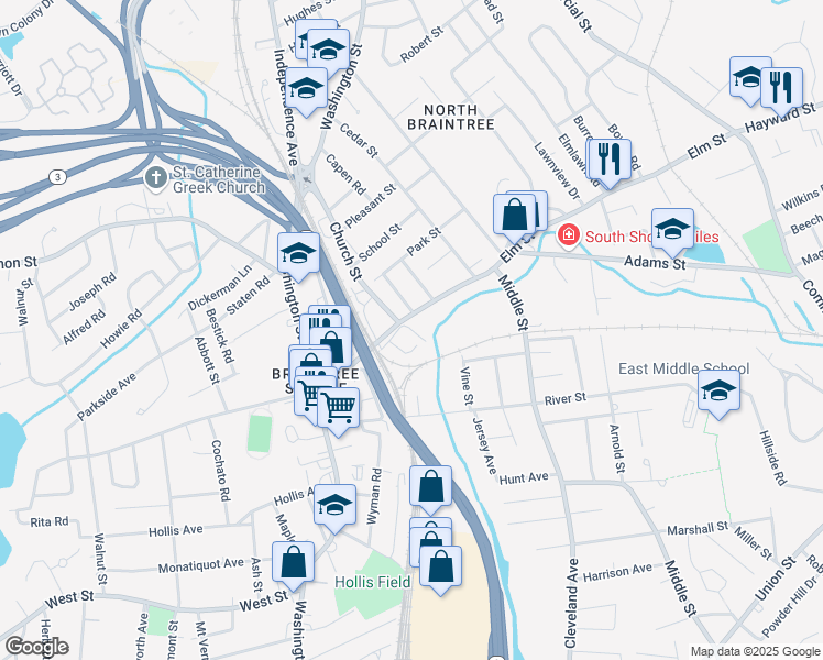 map of restaurants, bars, coffee shops, grocery stores, and more near Elm Terrace in Braintree