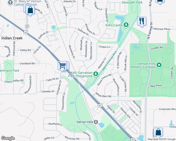 map of restaurants, bars, coffee shops, grocery stores, and more near 201 Deerpath Drive in Vernon Hills