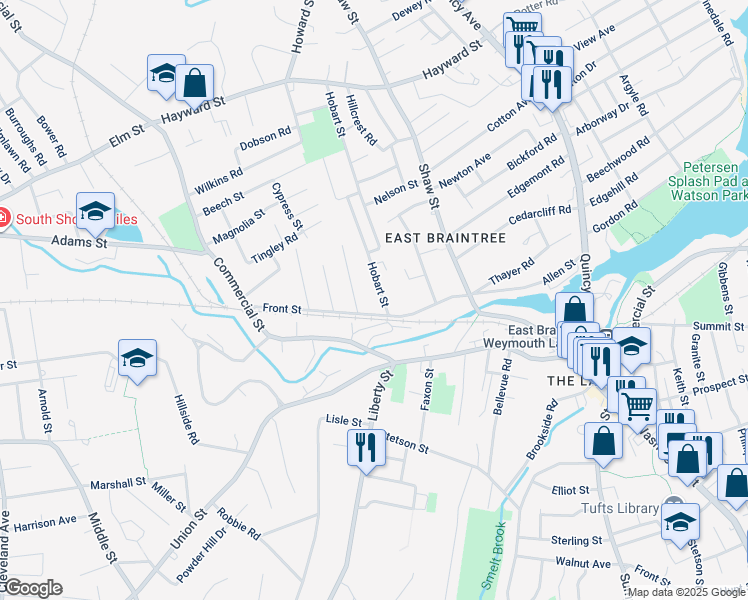 map of restaurants, bars, coffee shops, grocery stores, and more near 210 Allen Street in Braintree