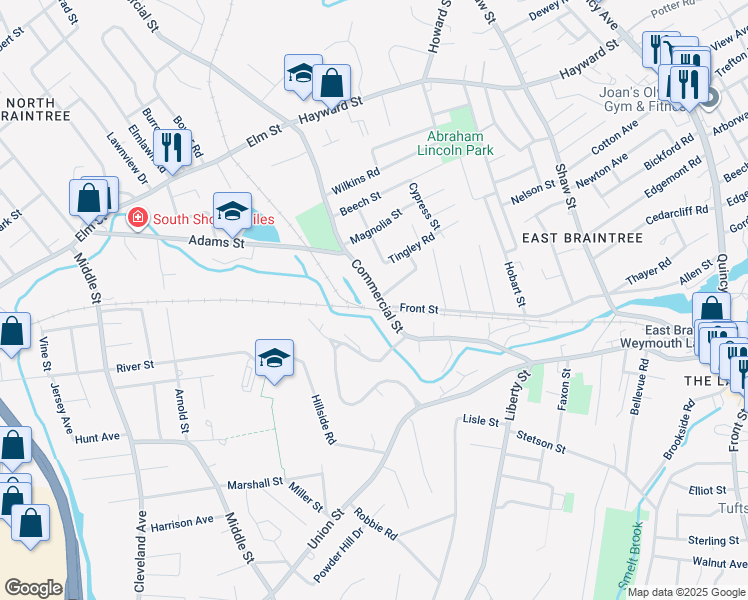 map of restaurants, bars, coffee shops, grocery stores, and more near 37 McCusker Drive in Braintree