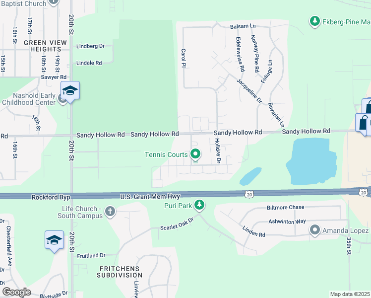 map of restaurants, bars, coffee shops, grocery stores, and more near 3487 Hampton Ridge Drive in Rockford