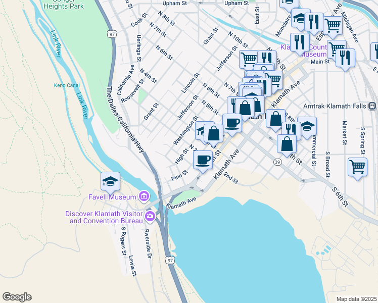 map of restaurants, bars, coffee shops, grocery stores, and more near 126 High Street in Klamath Falls
