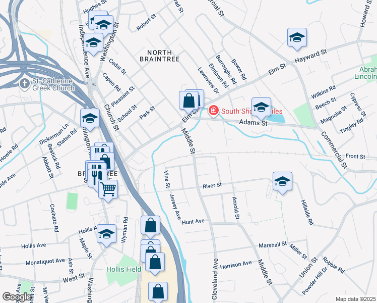 map of restaurants, bars, coffee shops, grocery stores, and more near 47 Middle Street in Braintree