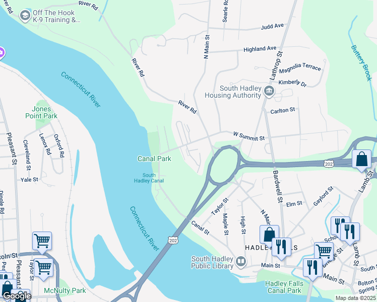 map of restaurants, bars, coffee shops, grocery stores, and more near 17 Kenlee Gardens in South Hadley