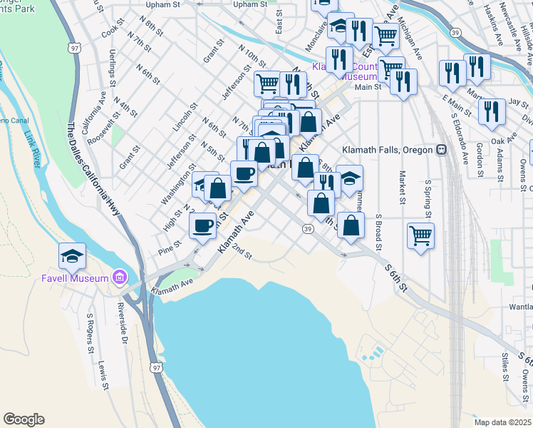 map of restaurants, bars, coffee shops, grocery stores, and more near 402 Walnut Avenue in Klamath Falls