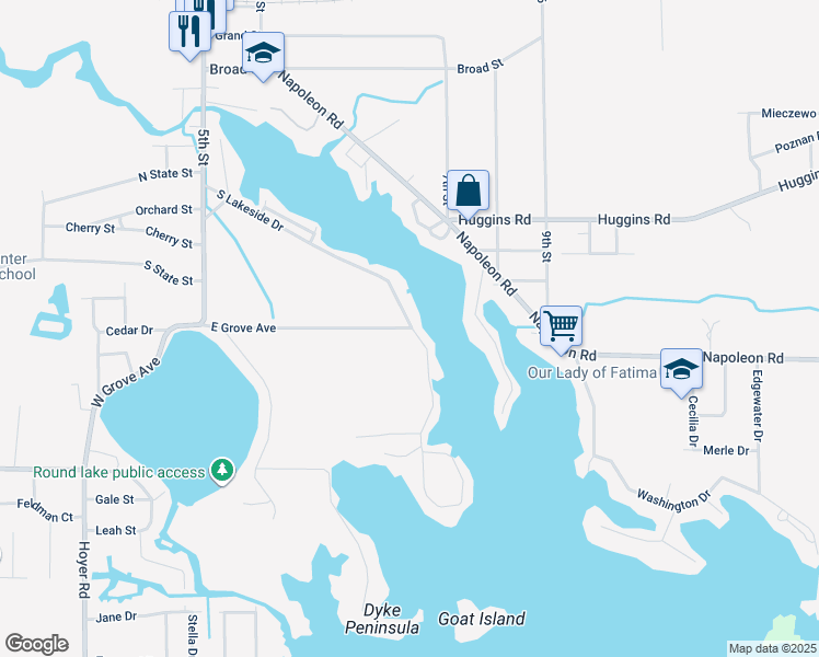 map of restaurants, bars, coffee shops, grocery stores, and more near 950 East Grove Avenue in Michigan Center