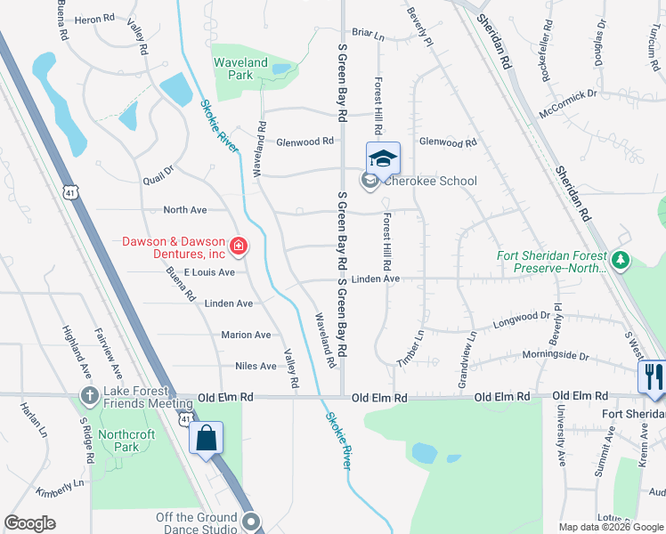 map of restaurants, bars, coffee shops, grocery stores, and more near 985 Waveland Road in Lake Forest