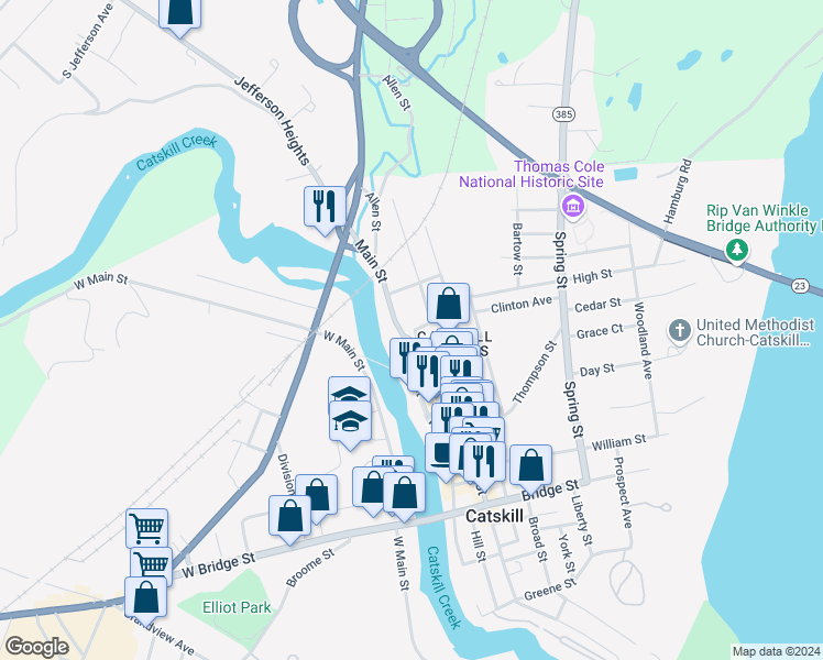 map of restaurants, bars, coffee shops, grocery stores, and more near 9 Summit Avenue in Catskill