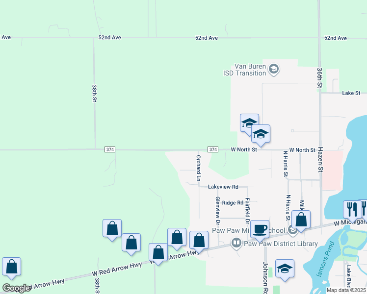 map of restaurants, bars, coffee shops, grocery stores, and more near in Paw Paw