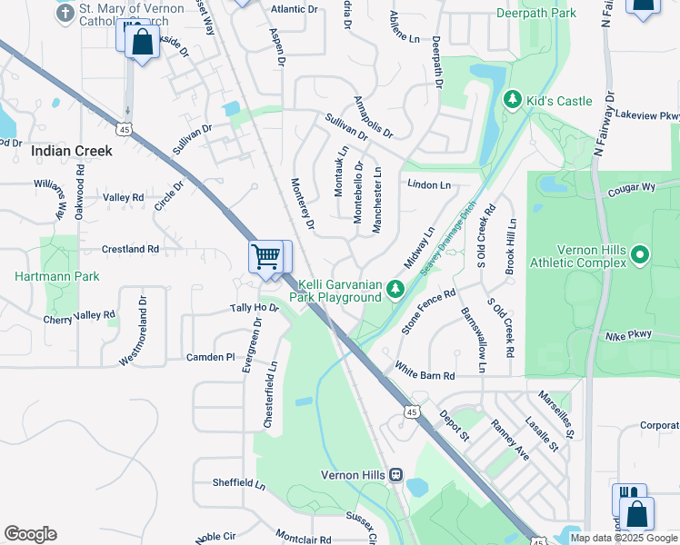map of restaurants, bars, coffee shops, grocery stores, and more near 116 Marimac Lane in Vernon Hills