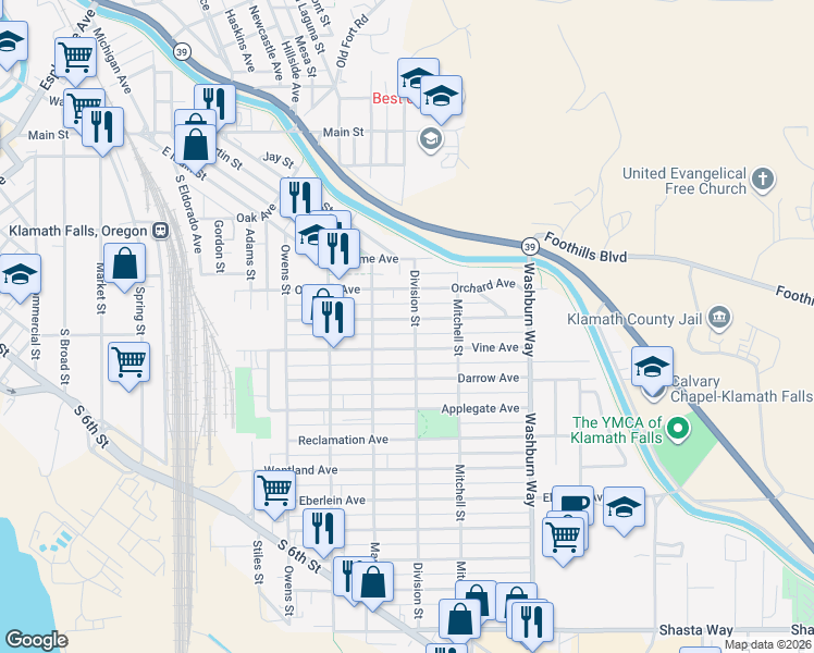 map of restaurants, bars, coffee shops, grocery stores, and more near 2236 Vine Avenue in Klamath Falls