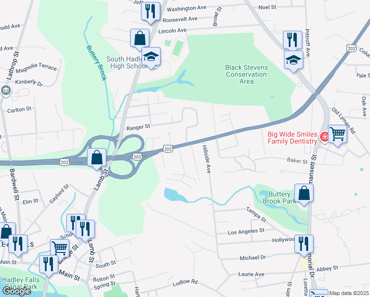 map of restaurants, bars, coffee shops, grocery stores, and more near 8 Lawrence Avenue in South Hadley