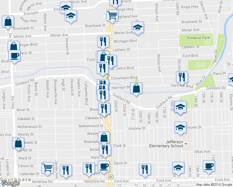 map of restaurants, bars, coffee shops, grocery stores, and more near 1039 23rd Street in Wyandotte