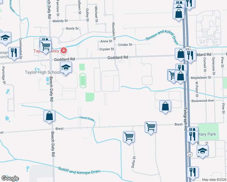 map of restaurants, bars, coffee shops, grocery stores, and more near 11326 Brydan Street in Taylor