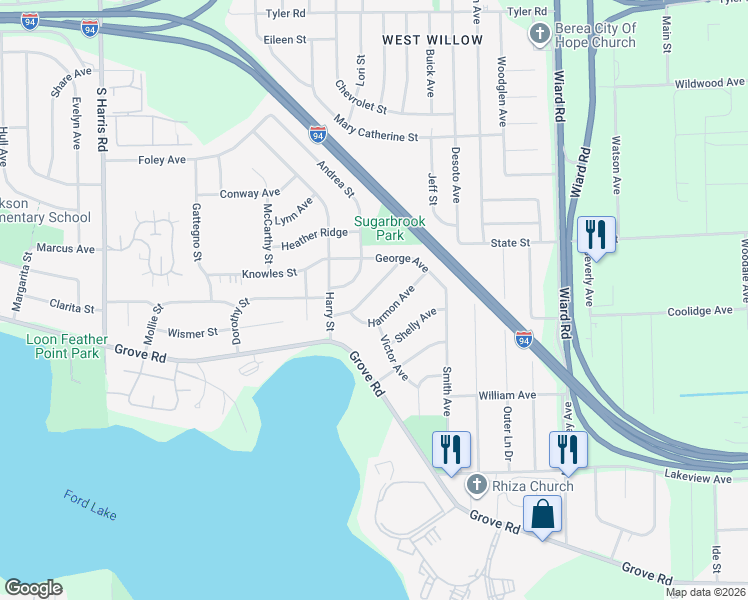 map of restaurants, bars, coffee shops, grocery stores, and more near 1955 Harmon Avenue in Ypsilanti