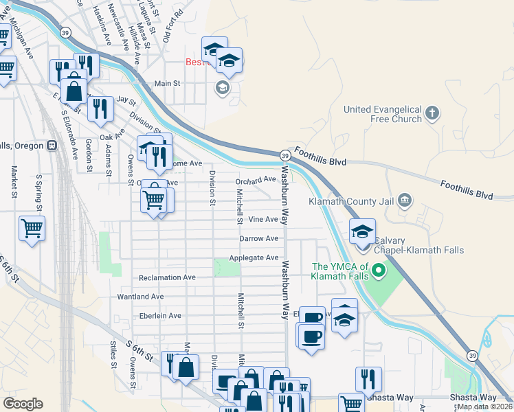map of restaurants, bars, coffee shops, grocery stores, and more near 2423 Vine Avenue in Klamath Falls