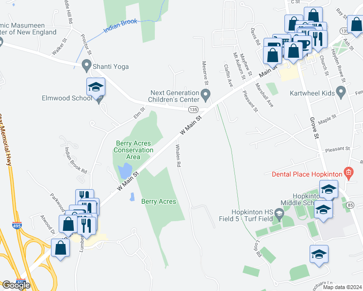 map of restaurants, bars, coffee shops, grocery stores, and more near 1 Whalen Road in Hopkinton