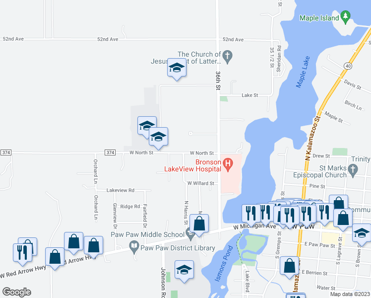map of restaurants, bars, coffee shops, grocery stores, and more near 320 West North Street in Paw Paw