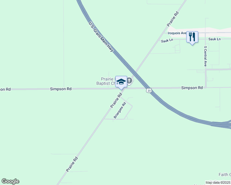 map of restaurants, bars, coffee shops, grocery stores, and more near 4029 Prairie Road in Rockford