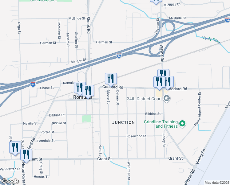 map of restaurants, bars, coffee shops, grocery stores, and more near 11091 Moore Street in Romulus