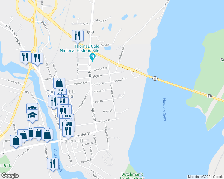 map of restaurants, bars, coffee shops, grocery stores, and more near 40 Woodland Avenue in Catskill