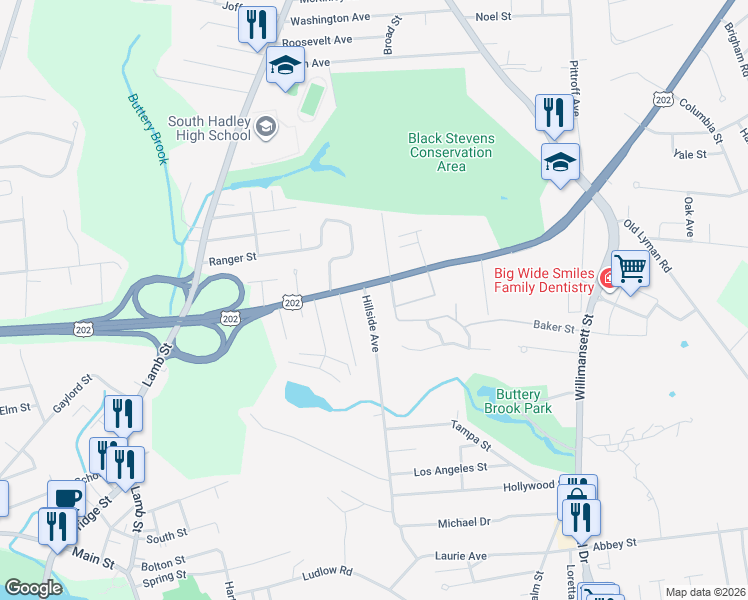 map of restaurants, bars, coffee shops, grocery stores, and more near 123 Granby Road in South Hadley