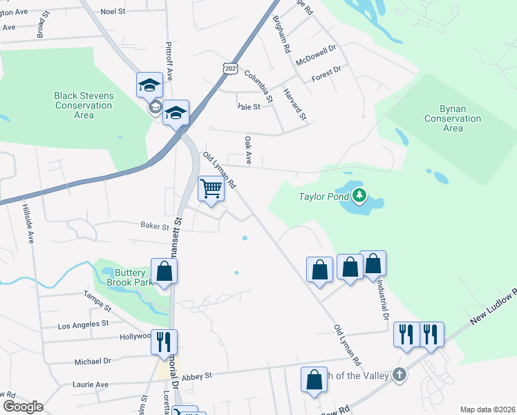map of restaurants, bars, coffee shops, grocery stores, and more near 48 Old Lyman Road in South Hadley