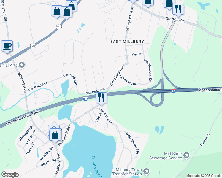 map of restaurants, bars, coffee shops, grocery stores, and more near 105 Wheelock Avenue in Millbury