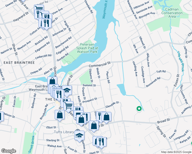 map of restaurants, bars, coffee shops, grocery stores, and more near 152 Webb Street in Weymouth