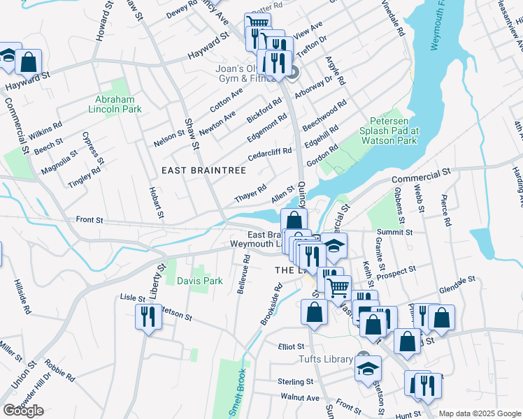 map of restaurants, bars, coffee shops, grocery stores, and more near 33 Allen Street in Braintree