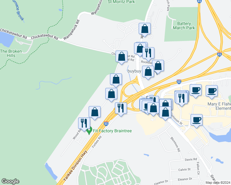 map of restaurants, bars, coffee shops, grocery stores, and more near 154 Wood Road in Braintree