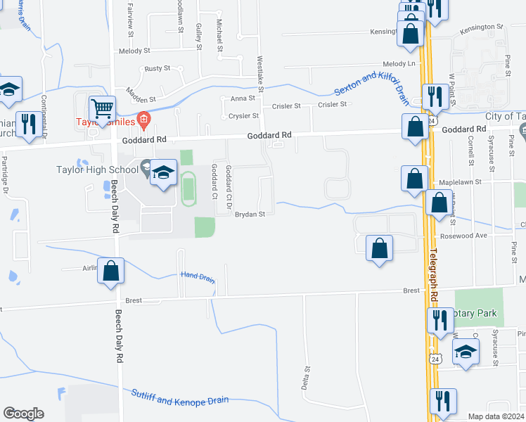 map of restaurants, bars, coffee shops, grocery stores, and more near 11374 Brydan Street in Taylor