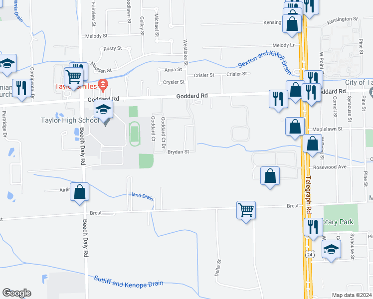 map of restaurants, bars, coffee shops, grocery stores, and more near 11342 Brydan Drive in Taylor
