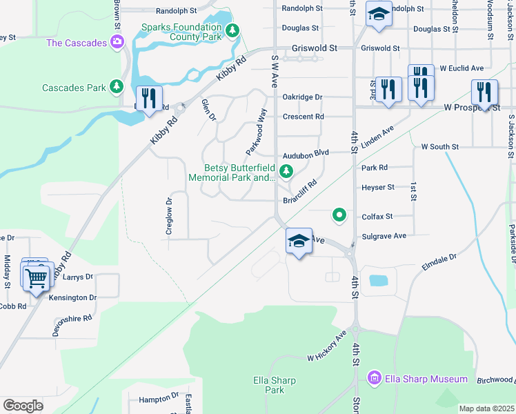 map of restaurants, bars, coffee shops, grocery stores, and more near 2043 Wildwood Lane in Jackson