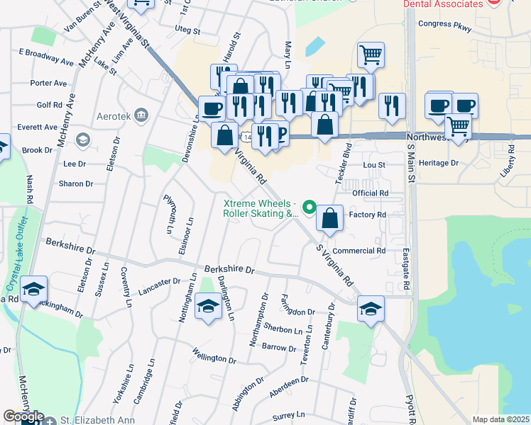 map of restaurants, bars, coffee shops, grocery stores, and more near 590 Darlington Lane in Crystal Lake