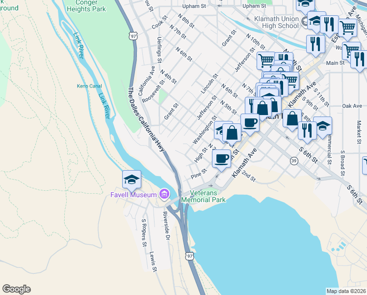 map of restaurants, bars, coffee shops, grocery stores, and more near 124 Jefferson Street in Klamath Falls