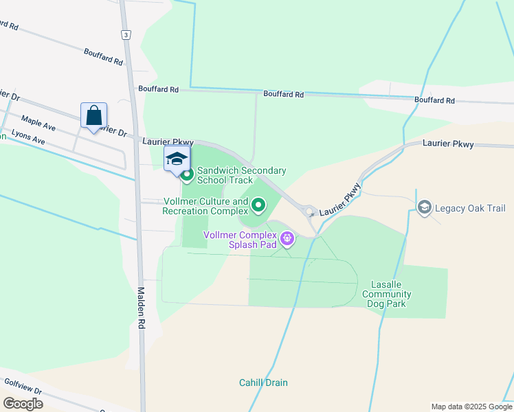 map of restaurants, bars, coffee shops, grocery stores, and more near 2121 Laurier Parkway in Windsor