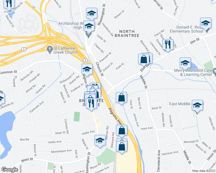 map of restaurants, bars, coffee shops, grocery stores, and more near 196 Elm Street in Braintree