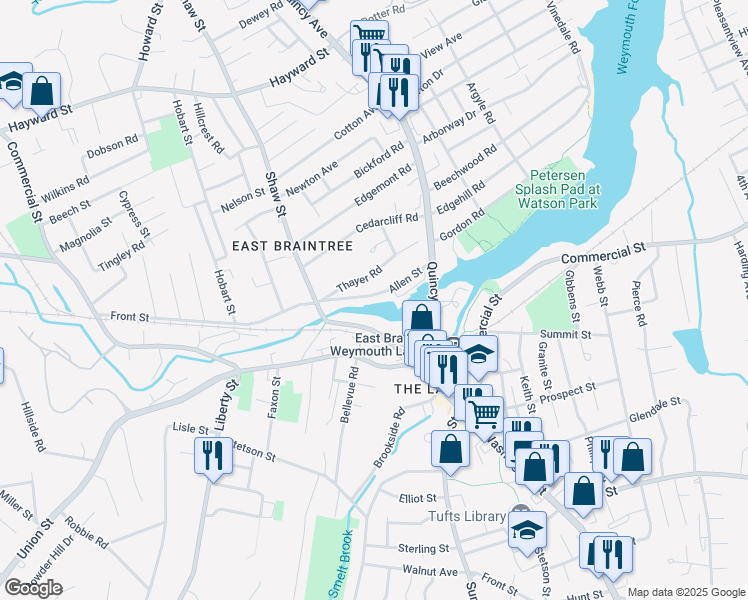 map of restaurants, bars, coffee shops, grocery stores, and more near 54 Allen Street in Braintree