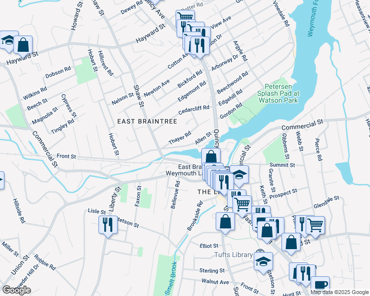 map of restaurants, bars, coffee shops, grocery stores, and more near 60 Allen Street in Braintree